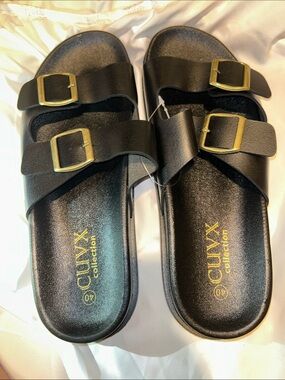 Cuvyx Collection Women's Black Double-Buckle Slide Sandals